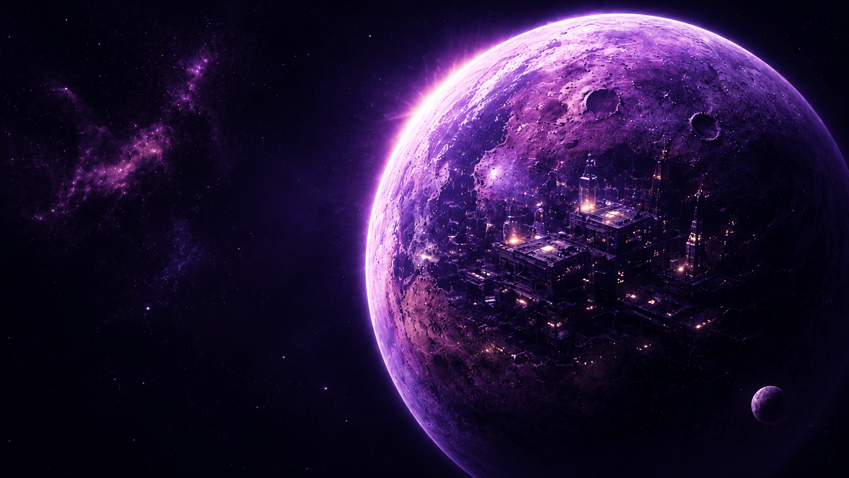 A luminous purple world with a connected city built into its surface